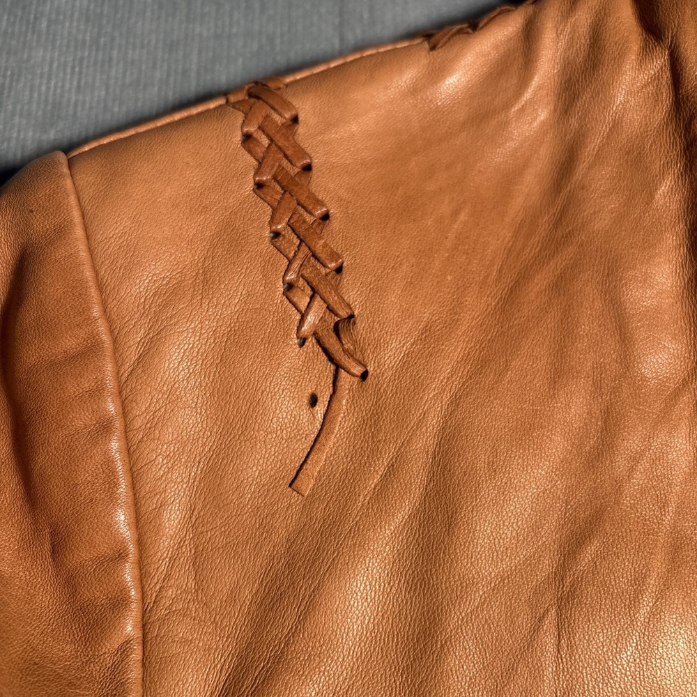 Cole Haan Collection Tan Lambskin Leather Whipstitch Moto Jacket Womens Medium - Picture 2 of 16